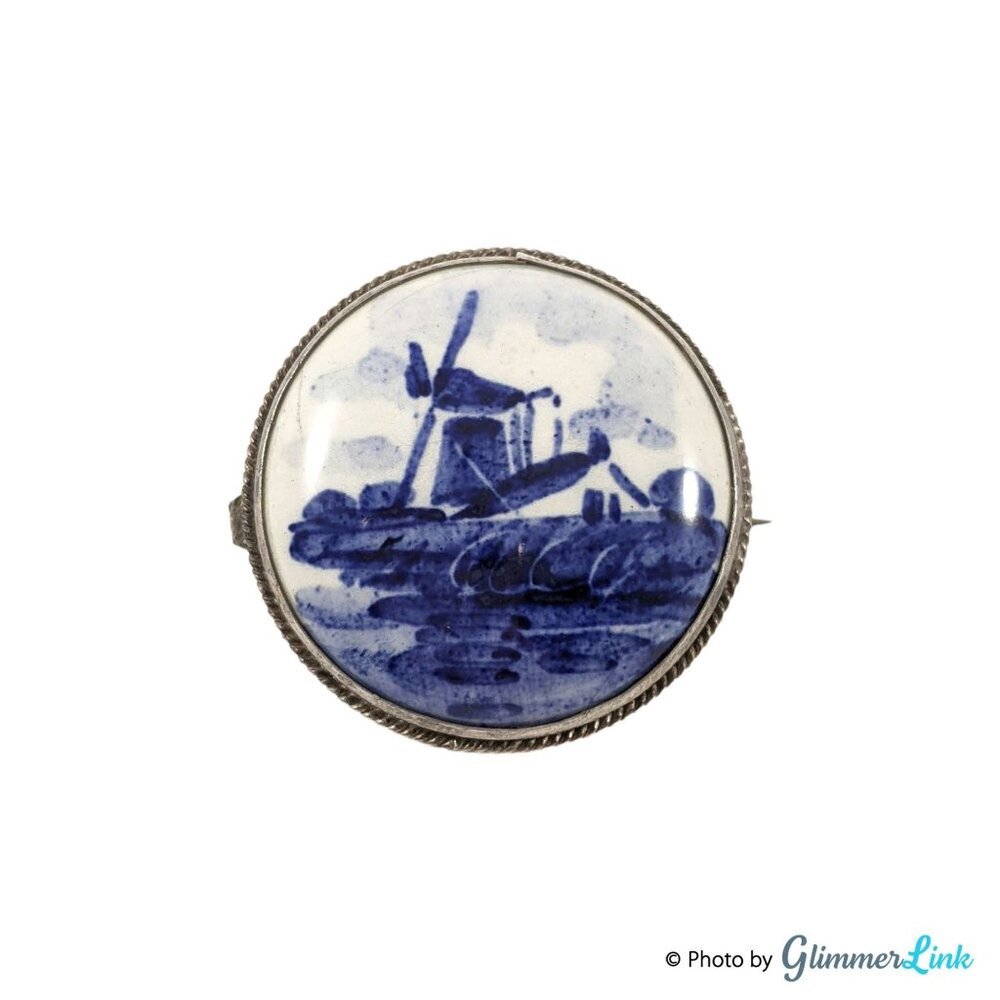 Vintage 835 Silver Handpainted Delft Holland Porcelain Round Rope Trim Brooch